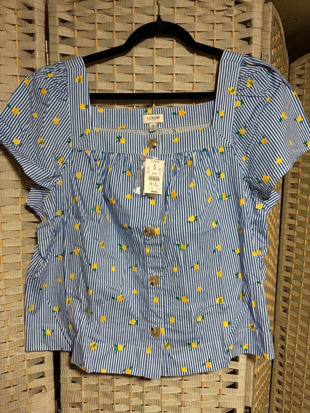 J. Crew Blue and White Stripe Lemon-Print Square Neck Blouse